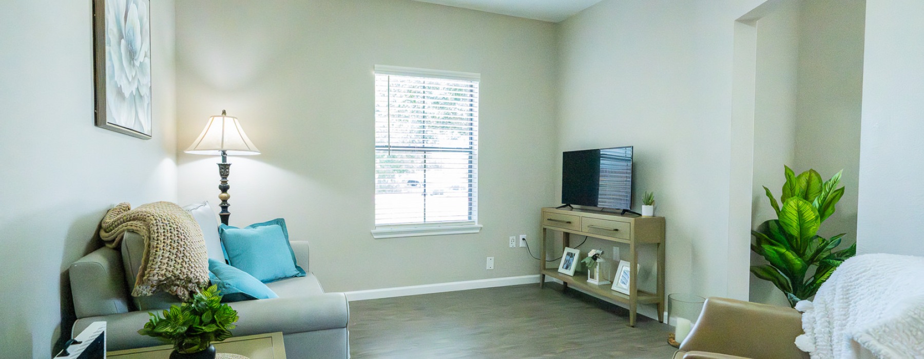 a living room with a couch and tv