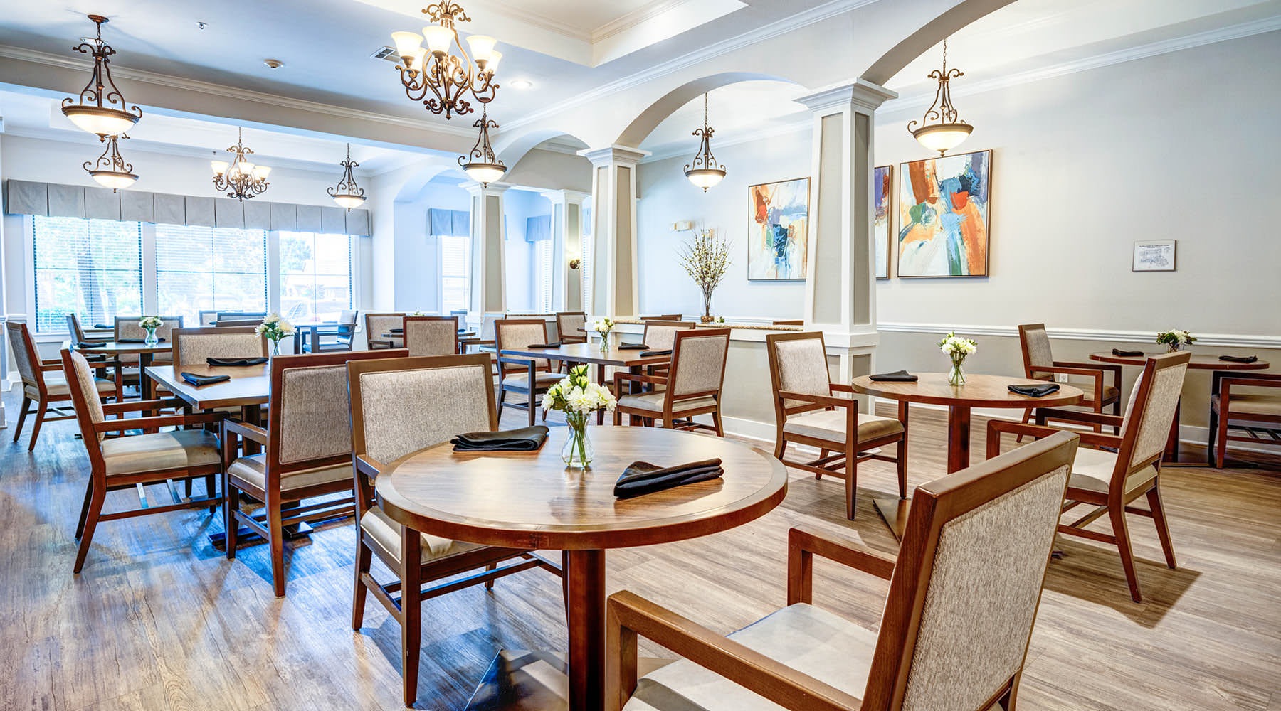 dining hall with tables and chairs